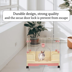 Rabbit cage for indoor/outdoor use, Durable metal wire rabbit cage with Transparent door, Food bowl, Removable tray, and Universal wheels, Ideal for small pet, Easy assembly 59 cm (Pink)