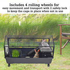 Rabbit cage with Water feeder, Feeding bowls, Climbing ladder, Leak-proof plastic, and Universal wheels, Detachable pet cage for indoor/outdoor use, Ideal for small pets 99 cm (Black)