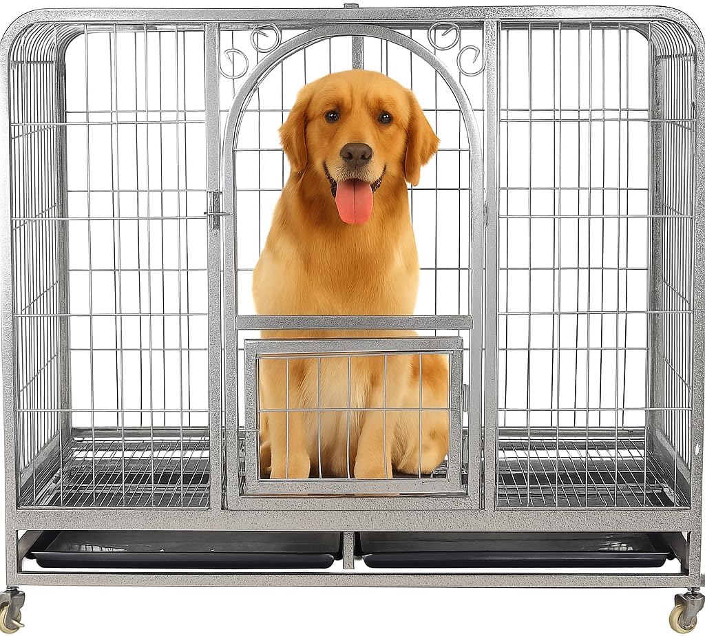 PETS Large Dog Cage - Heavy-Duty Metal Dog Crate for All Breeds - Open-Top Design with Lockable Door, Removable Tray & Universal Wheels - 110 cm Pet Cage for Indoor & Outdoor Use (Silver, Large)