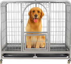 PETS Large Dog Cage - Heavy-Duty Metal Dog Crate for All Breeds - Open-Top Design with Lockable Door, Removable Tray & Universal Wheels - 110 cm Pet Cage for Indoor & Outdoor Use (Silver, Large)