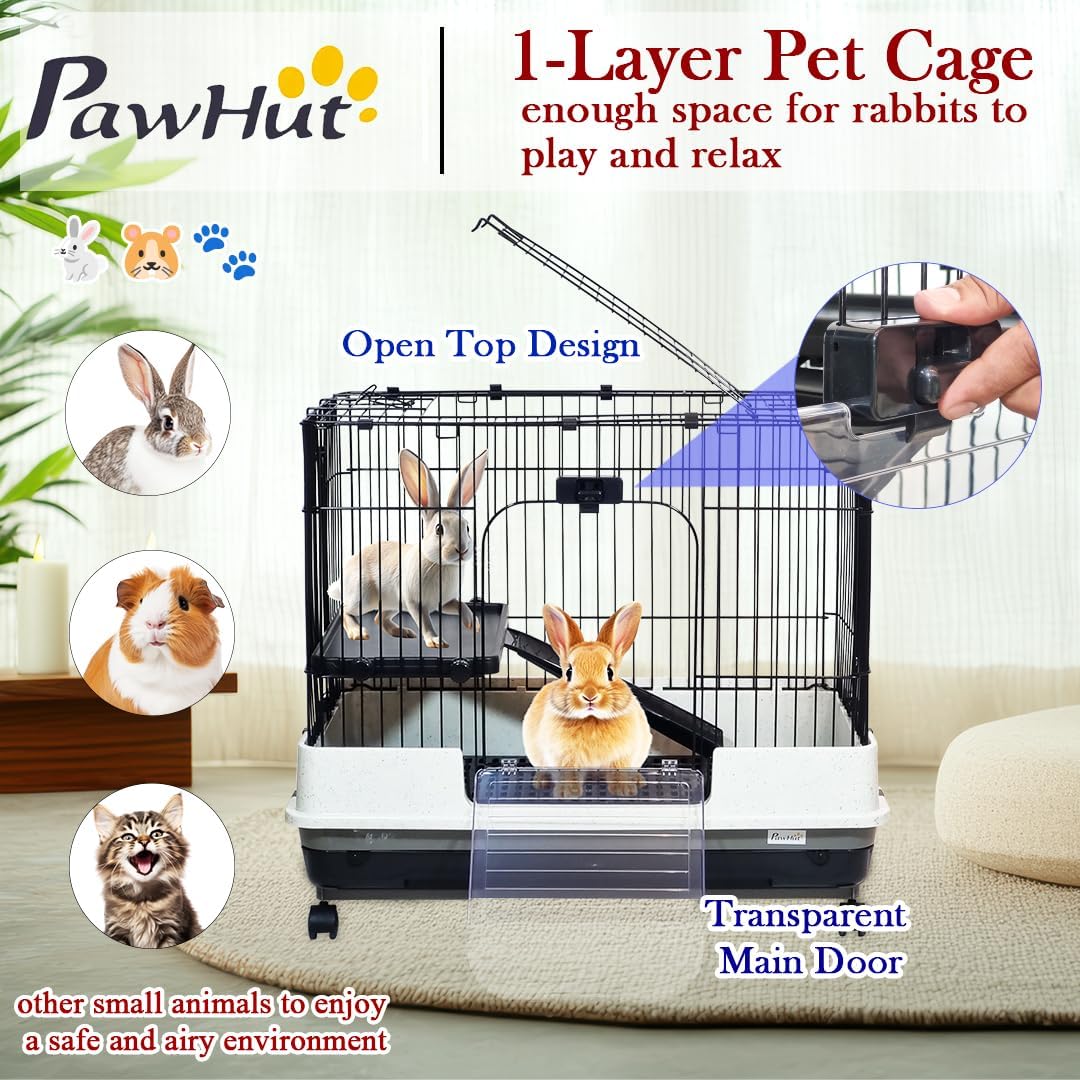 Portable Bunny Cage with Universal wheels, Pull-out Tray, Open-Top & Transparent Access Door, 70 cm Indoor Outdoor Cage for Rabbits, Ferret, and Small pets, Rabbit Cage with Ladder (Black)