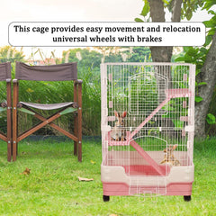 Indoor rabbit cage for Guinea pig, Ferret, and Chinchilla, 2-Tier Meta wire rabbit cage with 2-Lockable doors, Climbing ladders, Pull-out tray, and Universal wheels, Easy assembly 86 cm (Pink)