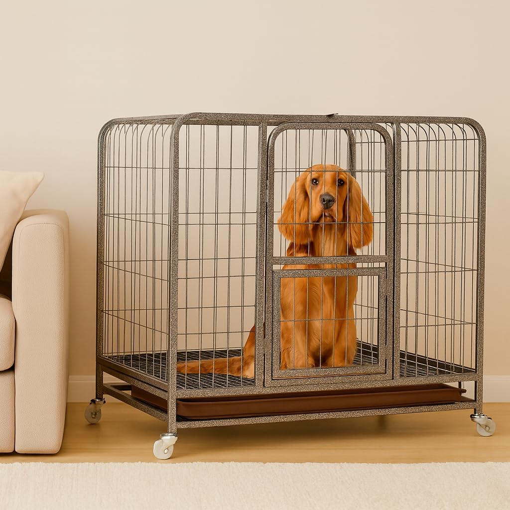 PETS Dog Cage - Heavy-Duty Metal Dog Crate for Small & Medium Dogs - Open-Top Design with Lockable Door, Removable Tray & Universal Wheels, Dog Kennel for Indoor & Outdoor Use (Silver, Medium)