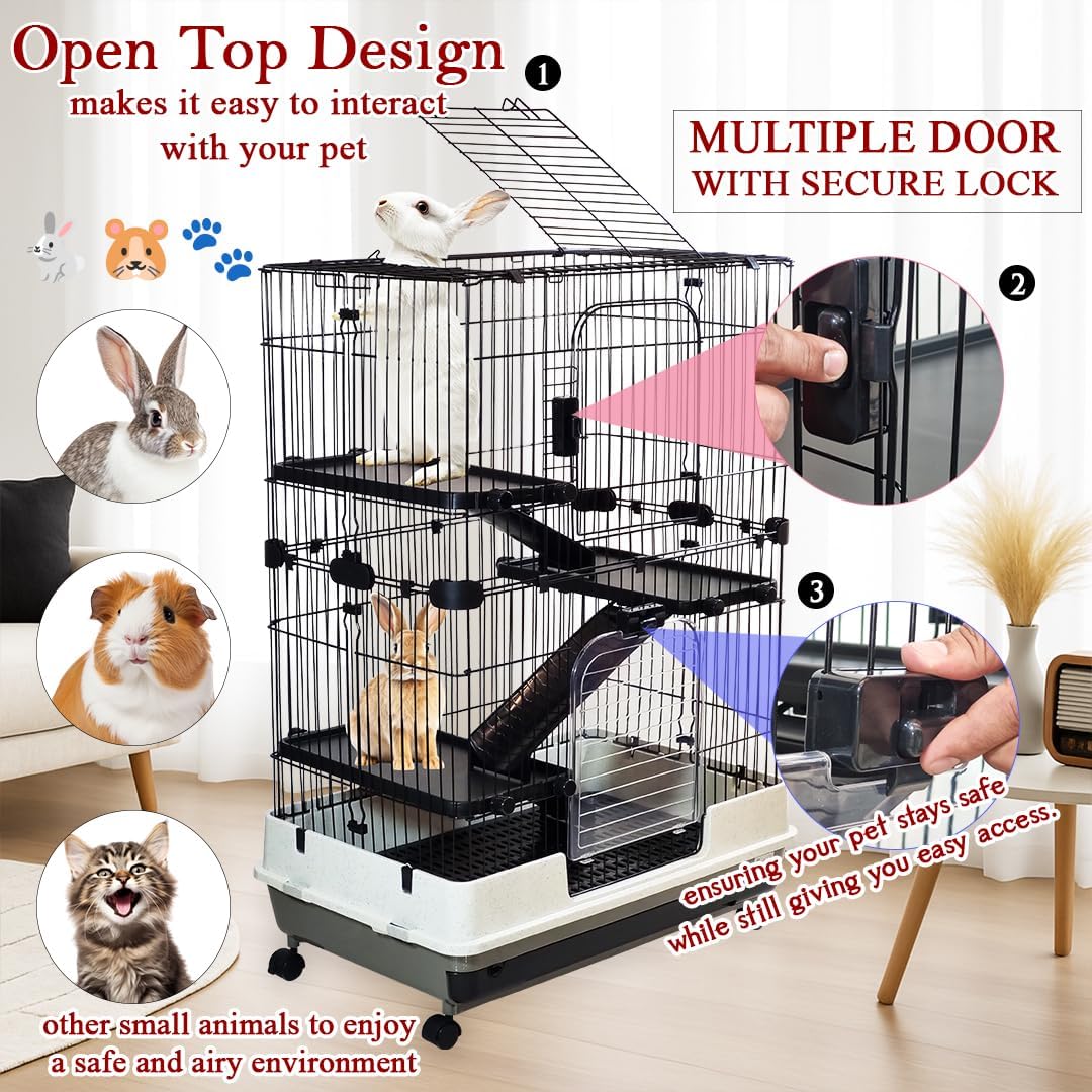 Multi-layer Pet Cage with Universal wheels, Pull-out Tray, Open-Top & Transparent Access Door, 115 cm Indoor Outdoor Cage for Rabbits, Ferret, and Small pets, Rabbit Cage with Ladder (Black)