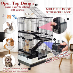 Multi-layer Pet Cage with Universal wheels, Pull-out Tray, Open-Top & Transparent Access Door, 115 cm Indoor Outdoor Cage for Rabbits, Ferret, and Small pets, Rabbit Cage with Ladder (Black)