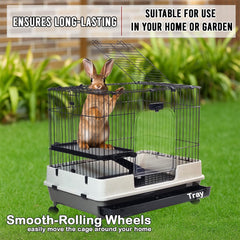 Portable Bunny Cage with Universal wheels, Pull-out Tray, Open-Top & Transparent Access Door, 70 cm Indoor Outdoor Cage for Rabbits, Ferret, and Small pets, Rabbit Cage with Ladder (Black)