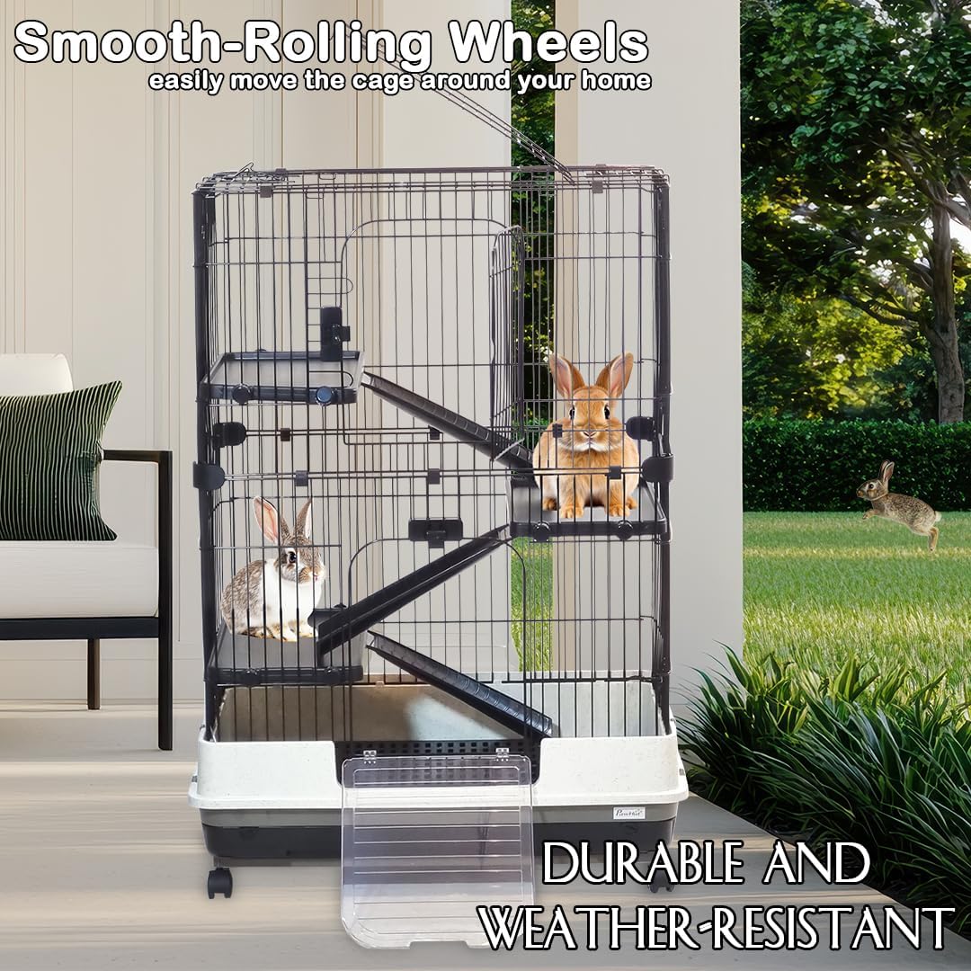 Multi-layer Pet Cage with Universal wheels, Pull-out Tray, Open-Top & Transparent Access Door, 115 cm Indoor Outdoor Cage for Rabbits, Ferret, and Small pets, Rabbit Cage with Ladder (Black)