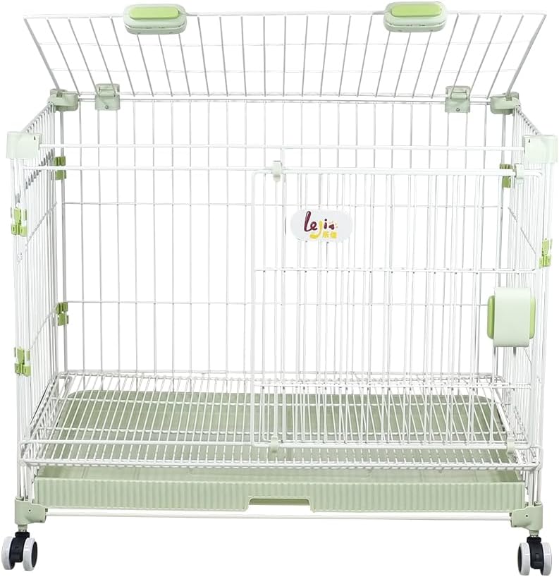 Dog Cage Indoor Large | Heavy-Duty Metal Dog Crate with Double Door Design | Portable Kennel with Pull-Out Tray, Secure Lock & Universal Wheels, Dog Playpen for Small & Medium Dogs, 81cm (Green)