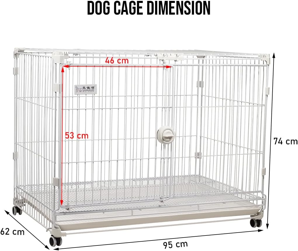 Dog cage crate kennel with Durable metal wire, Open-top design, Secure door lock, Removable tray, and Universal wheels, Heavy-duty dog cage for Large breeds, Ideal for indoor/outdoor 95 cm (White)