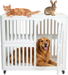 Plastic dog crate for Indoor-Outdoor, Pet kennel with Wheels, Durable and Ventilated, 85 cm Cage for Dog, Cat and Rabbits, Easy to clean, Lockable, Portable, Lockable and Easy to move, (White)
