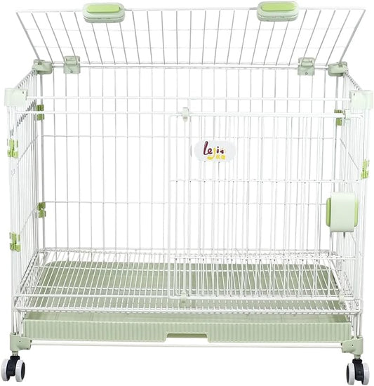Dog cage playpen for Medium to Large dogs, Durable metal wire dog cage with Open-top design, Secure door lock, Removable tray, and Universal wheels, Ideal for indoor/outdoor 81 cm (Green)