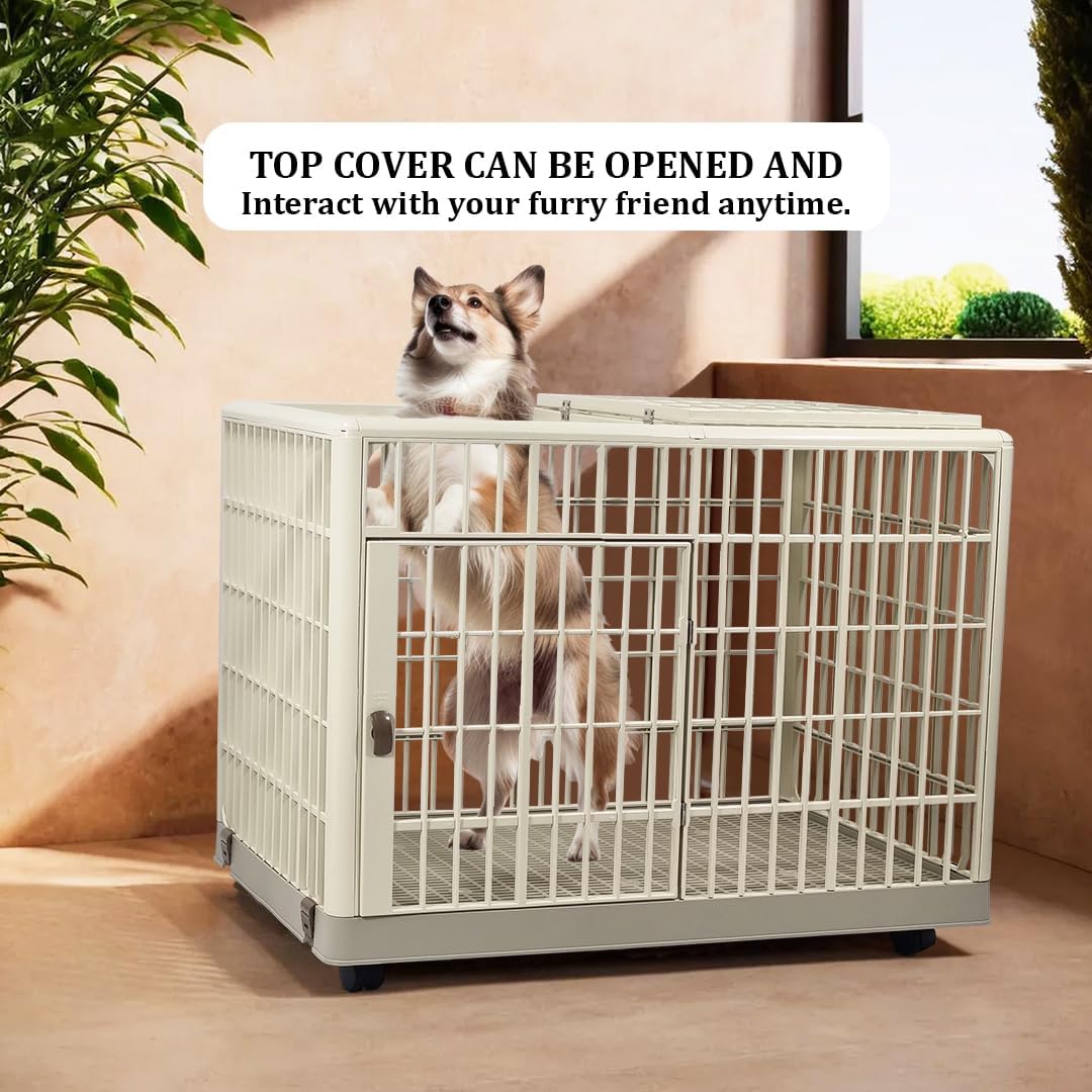 Dog Cage | Durable Plastic Dog Crate for Small & Medium Dogs with Open-top Design | Lockable Door & Universal Wheels, | Dog Kennel for Indoor & Outdoor Use | Easy Assembly (Khaki, Medium)