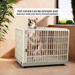 Dog Cage | Durable Plastic Dog Crate for Small & Medium Dogs with Open-top Design | Lockable Door & Universal Wheels, | Dog Kennel for Indoor & Outdoor Use | Easy Assembly (Khaki, Medium)