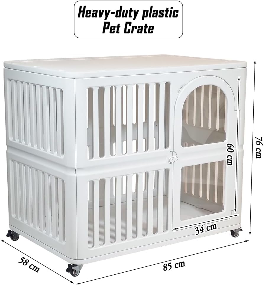 Plastic dog crate for Indoor-Outdoor, Pet kennel with Wheels, Durable and Ventilated, 85 cm Cage for Dog, Cat and Rabbits, Easy to clean, Lockable, Portable, Lockable and Easy to move, (White)