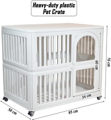 Plastic dog crate for Indoor-Outdoor, Pet kennel with Wheels, Durable and Ventilated, 85 cm Cage for Dog, Cat and Rabbits, Easy to clean, Lockable, Portable, Lockable and Easy to move, (White)