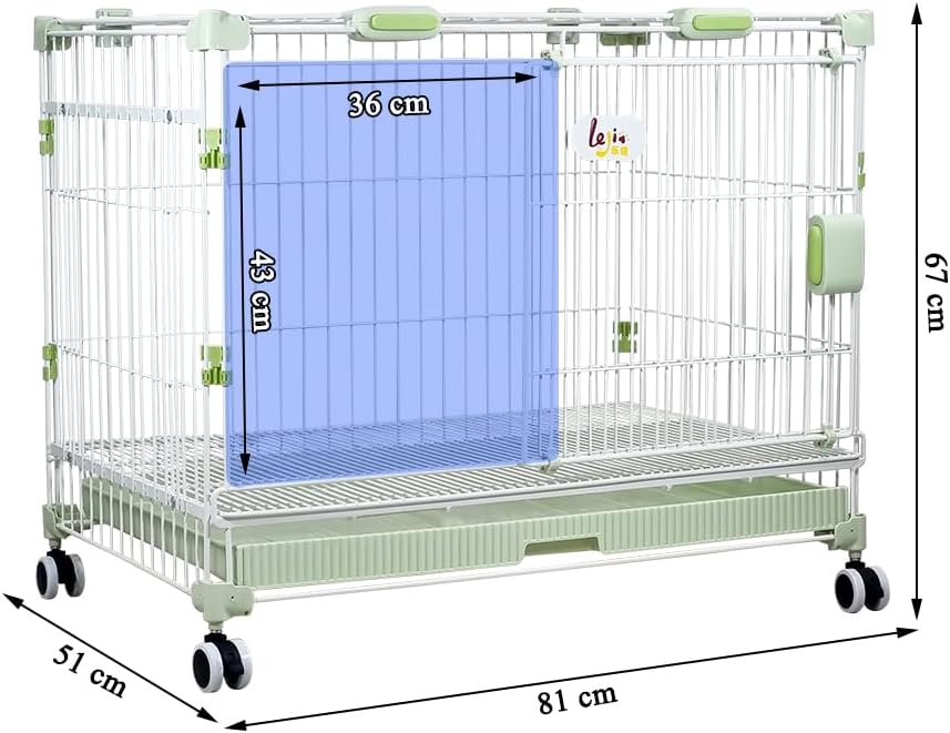 Dog Cage Indoor Large | Heavy-Duty Metal Dog Crate with Double Door Design | Portable Kennel with Pull-Out Tray, Secure Lock & Universal Wheels, Dog Playpen for Small & Medium Dogs, 81cm (Green)
