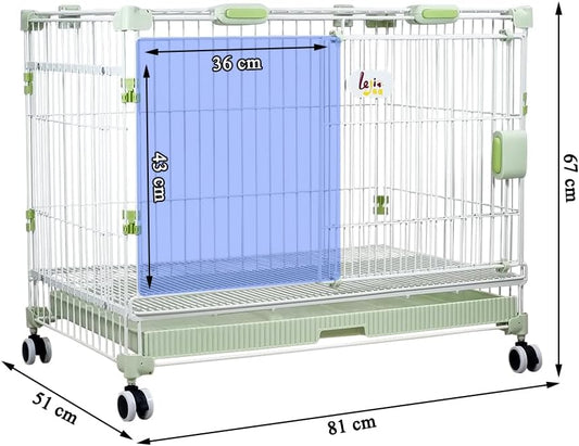 Dog Cage Indoor Large | Heavy-Duty Metal Dog Crate with Double Door Design | Portable Kennel with Pull-Out Tray, Secure Lock & Universal Wheels, Dog Playpen for Small & Medium Dogs, 81cm (Green)
