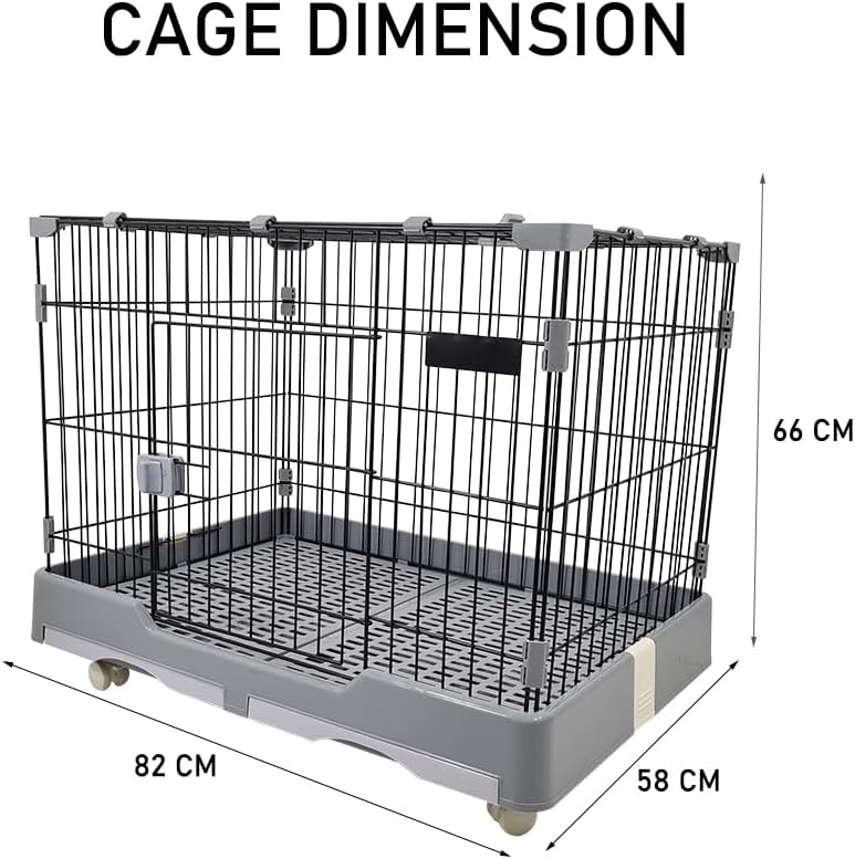 Cat cage with Open-top design, Metal wire, Lockable door, Removable tray, and Universal wheels, Spacious cat cage for Cats and Small dogs, Ideal for Indoor/outdoor use, Easy to assemble 82 cm (Grey)