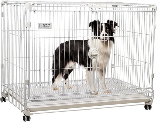Dog cage crate kennel with Durable metal wire, Open-top design, Secure door lock, Removable tray, and Universal wheels, Heavy-duty dog cage for Large breeds, Ideal for indoor/outdoor 95 cm (White)