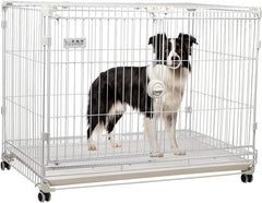 Dog cage crate kennel with Durable metal wire, Open-top design, Secure door lock, Removable tray, and Universal wheels, Heavy-duty dog cage for Large breeds, Ideal for indoor/outdoor 95 cm (White)