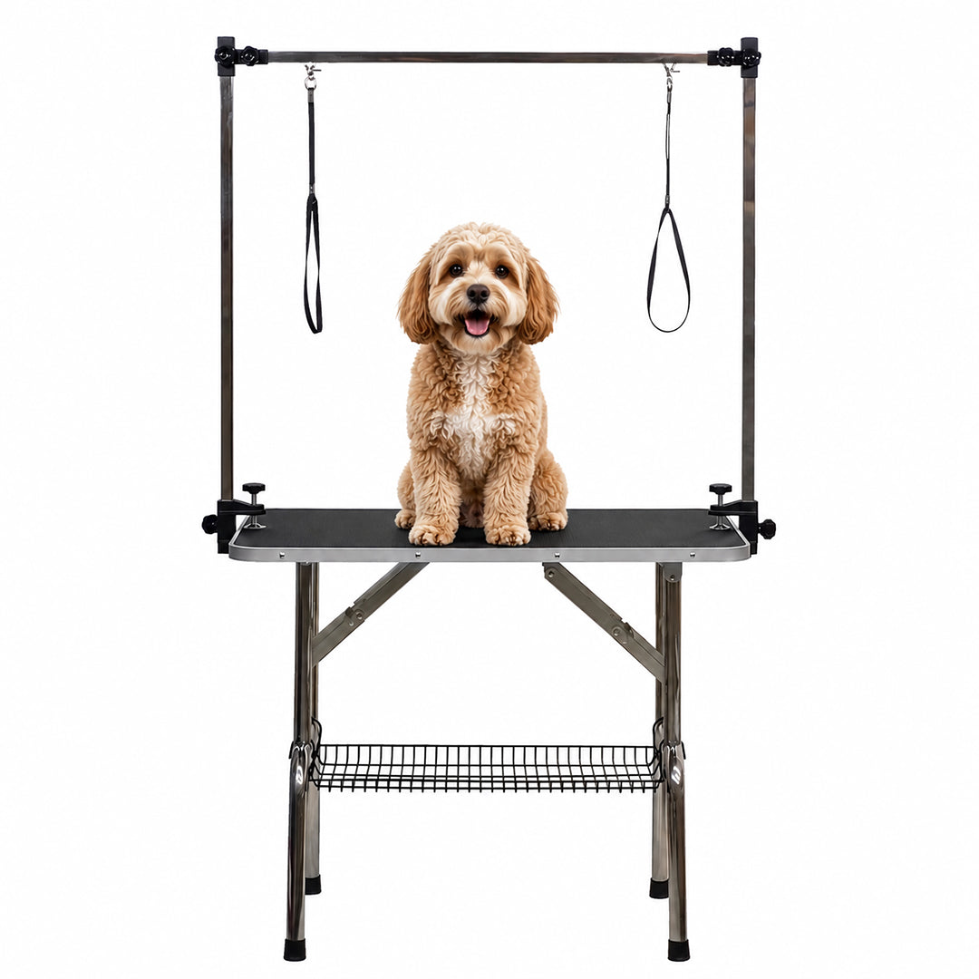 Foldable dog grooming table with Adjustable grooming Arms, Waterproof surface, Storage tray, and Non-slip feet, Heavy-duty grooming table for Large dogs, Easy to assemble