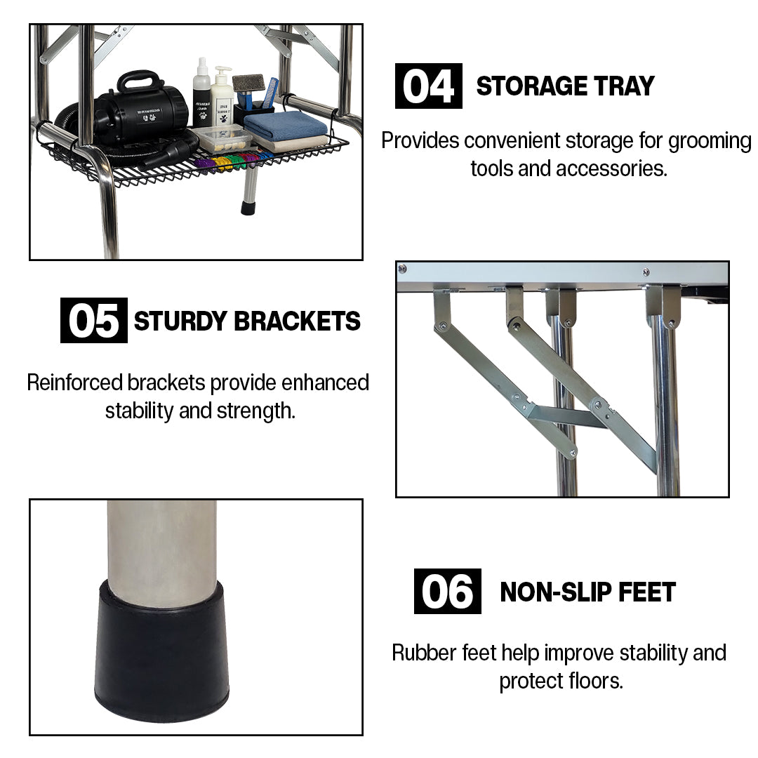 Foldable dog grooming table with Adjustable grooming Arms, Waterproof surface, Storage tray, and Non-slip feet, Heavy-duty grooming table for Large dogs, Easy to assemble