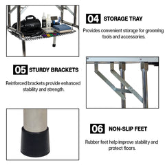 Foldable dog grooming table with Adjustable grooming Arms, Waterproof surface, Storage tray, and Non-slip feet, Heavy-duty grooming table for Large dogs, Easy to assemble