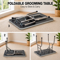 Foldable dog grooming table with Adjustable grooming Arms, Waterproof surface, Storage tray, and Non-slip feet, Heavy-duty grooming table for Large dogs, Easy to assemble