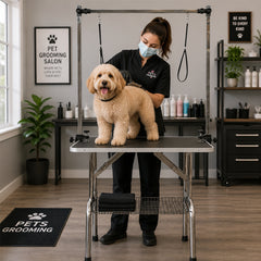 Foldable dog grooming table with Adjustable grooming Arms, Waterproof surface, Storage tray, and Non-slip feet, Heavy-duty grooming table for Large dogs, Easy to assemble