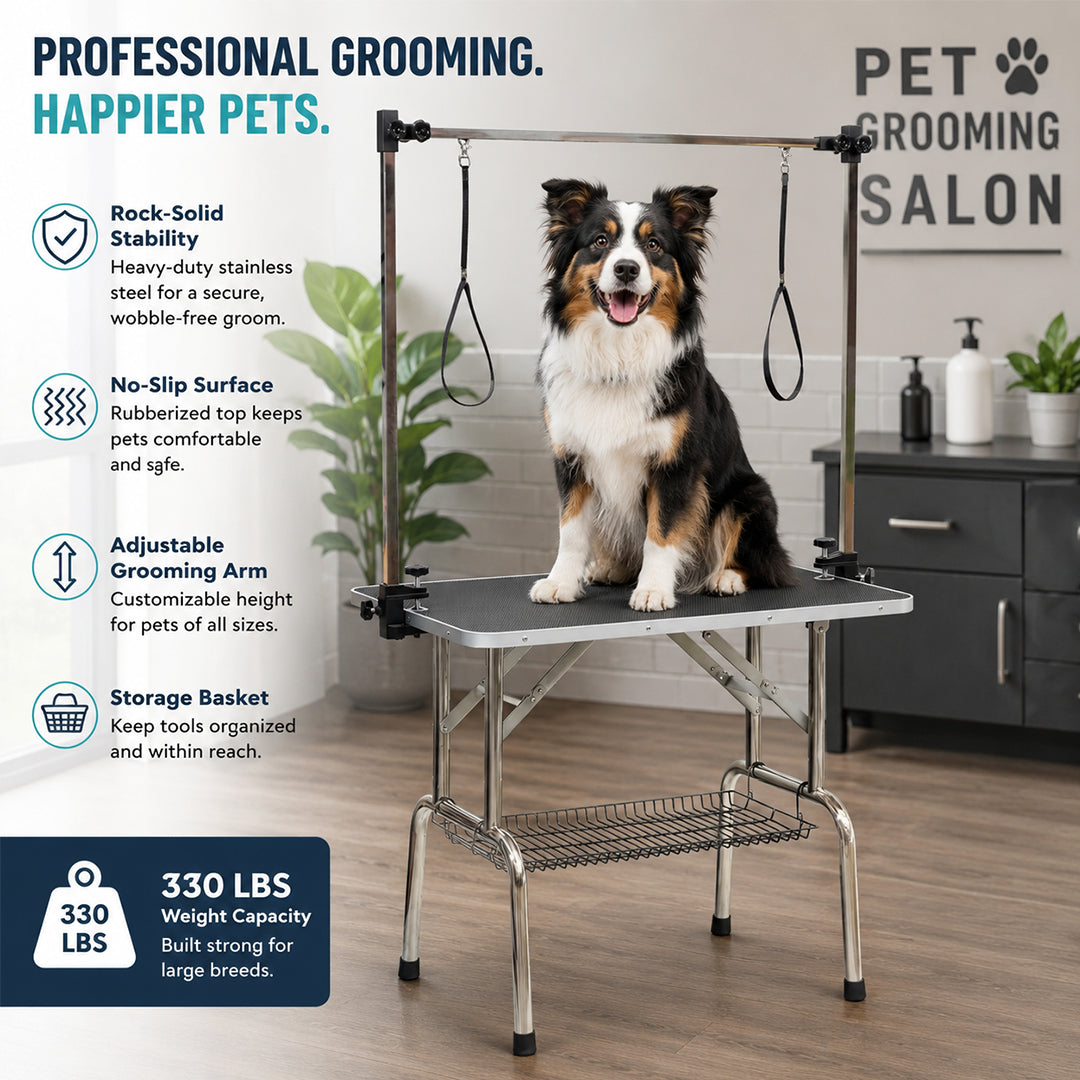 Foldable dog grooming table with Adjustable grooming Arms, Waterproof surface, Storage tray, and Non-slip feet, Heavy-duty grooming table for Large dogs, Easy to assemble