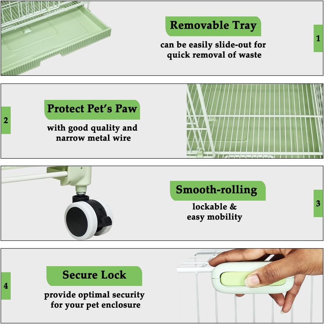 Dog Cage Indoor Large | Heavy-Duty Metal Dog Crate with Double Door Design | Portable Kennel with Pull-Out Tray, Secure Lock & Universal Wheels, Dog Playpen for Small & Medium Dogs, 81cm (Green)