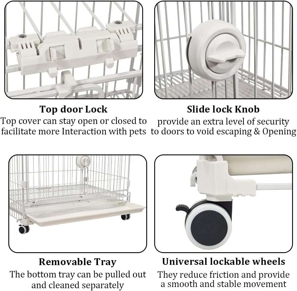 Dog cage crate kennel with Durable metal wire, Open-top design, Secure door lock, Removable tray, and Universal wheels, Heavy-duty dog cage for Large breeds, Ideal for indoor/outdoor 95 cm (White)