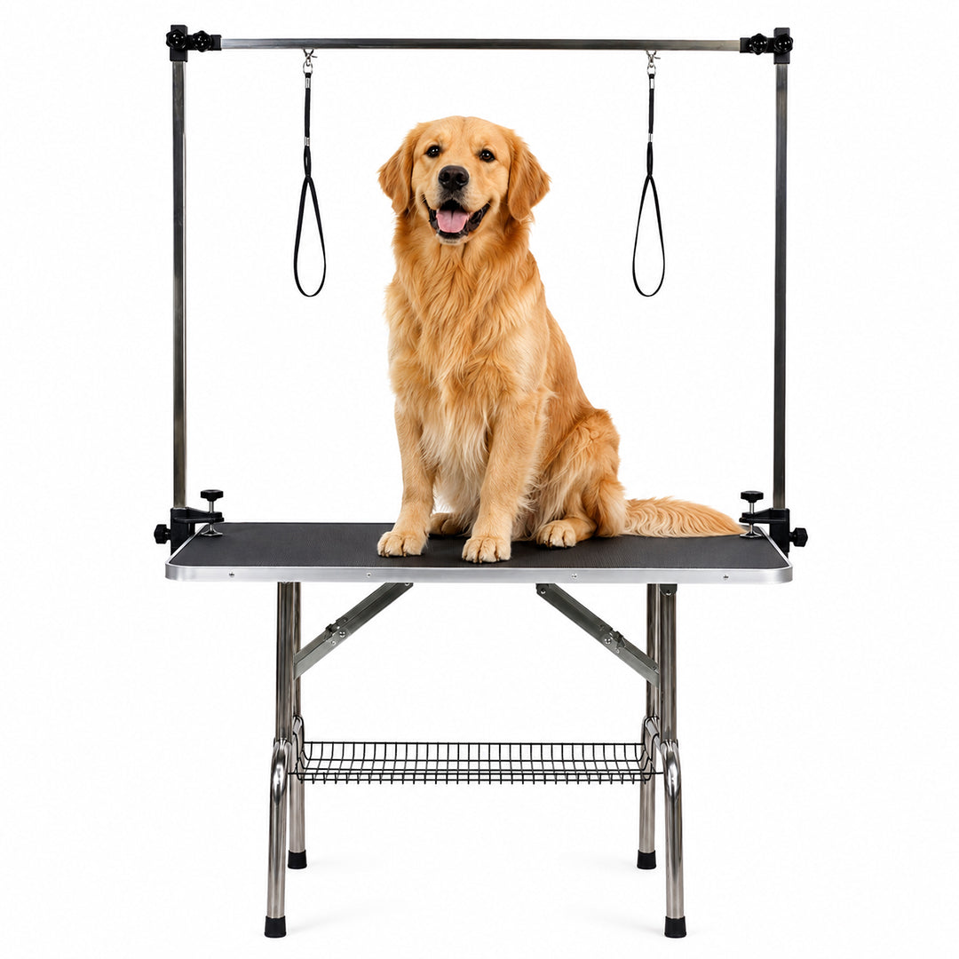 Foldable dog grooming table with Adjustable grooming Arms, Waterproof surface, Storage tray, and Non-slip feet, Heavy-duty grooming table for Large dogs, Easy to assemble
