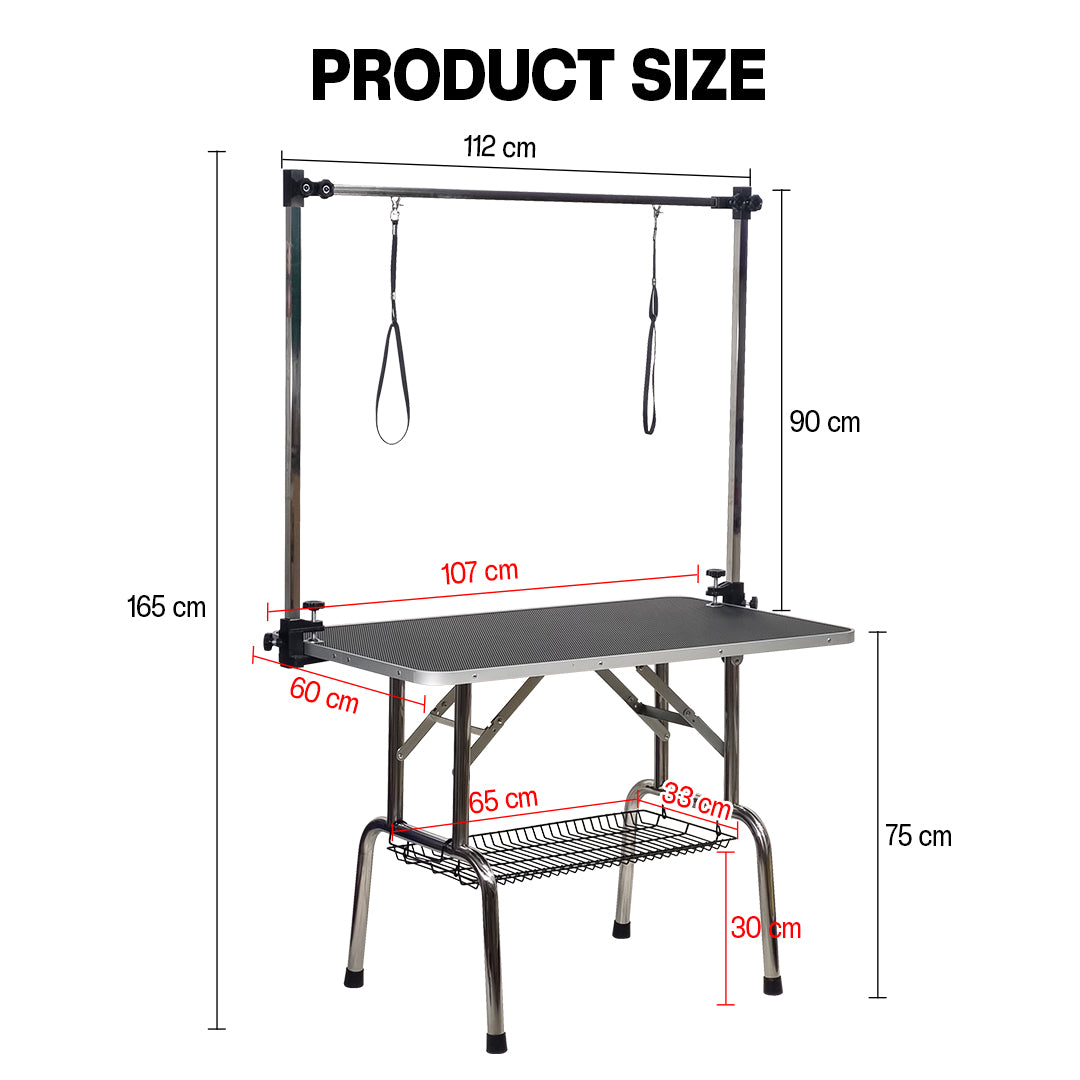 Foldable dog grooming table with Adjustable grooming Arms, Waterproof surface, Storage tray, and Non-slip feet, Heavy-duty grooming table for Large dogs, Easy to assemble