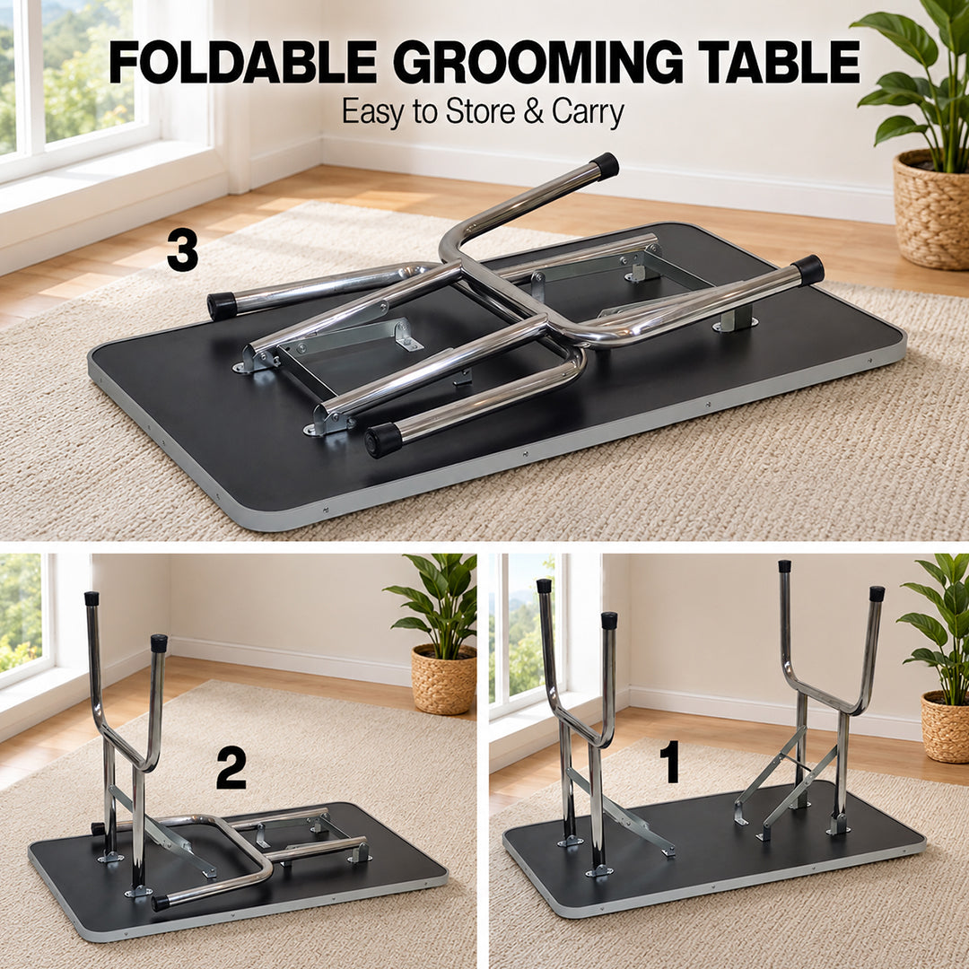 Foldable dog grooming table with Adjustable grooming Arms, Waterproof surface, Storage tray, and Non-slip feet, Heavy-duty grooming table for Large dogs, Easy to assemble