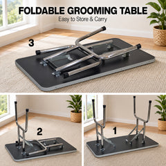 Foldable dog grooming table with Adjustable grooming Arms, Waterproof surface, Storage tray, and Non-slip feet, Heavy-duty grooming table for Large dogs, Easy to assemble
