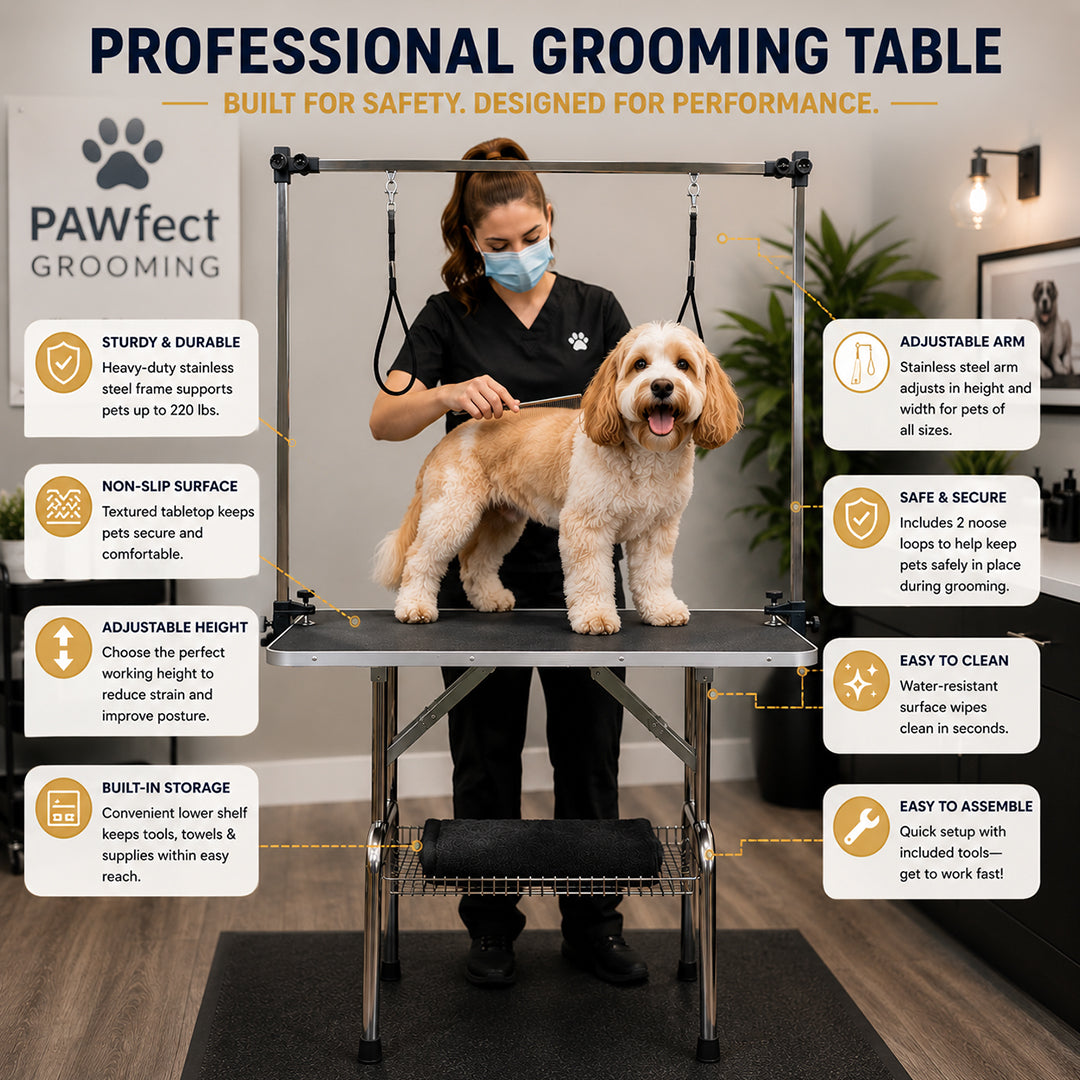 Foldable dog grooming table with Adjustable grooming Arms, Waterproof surface, Storage tray, and Non-slip feet, Heavy-duty grooming table for Large dogs, Easy to assemble