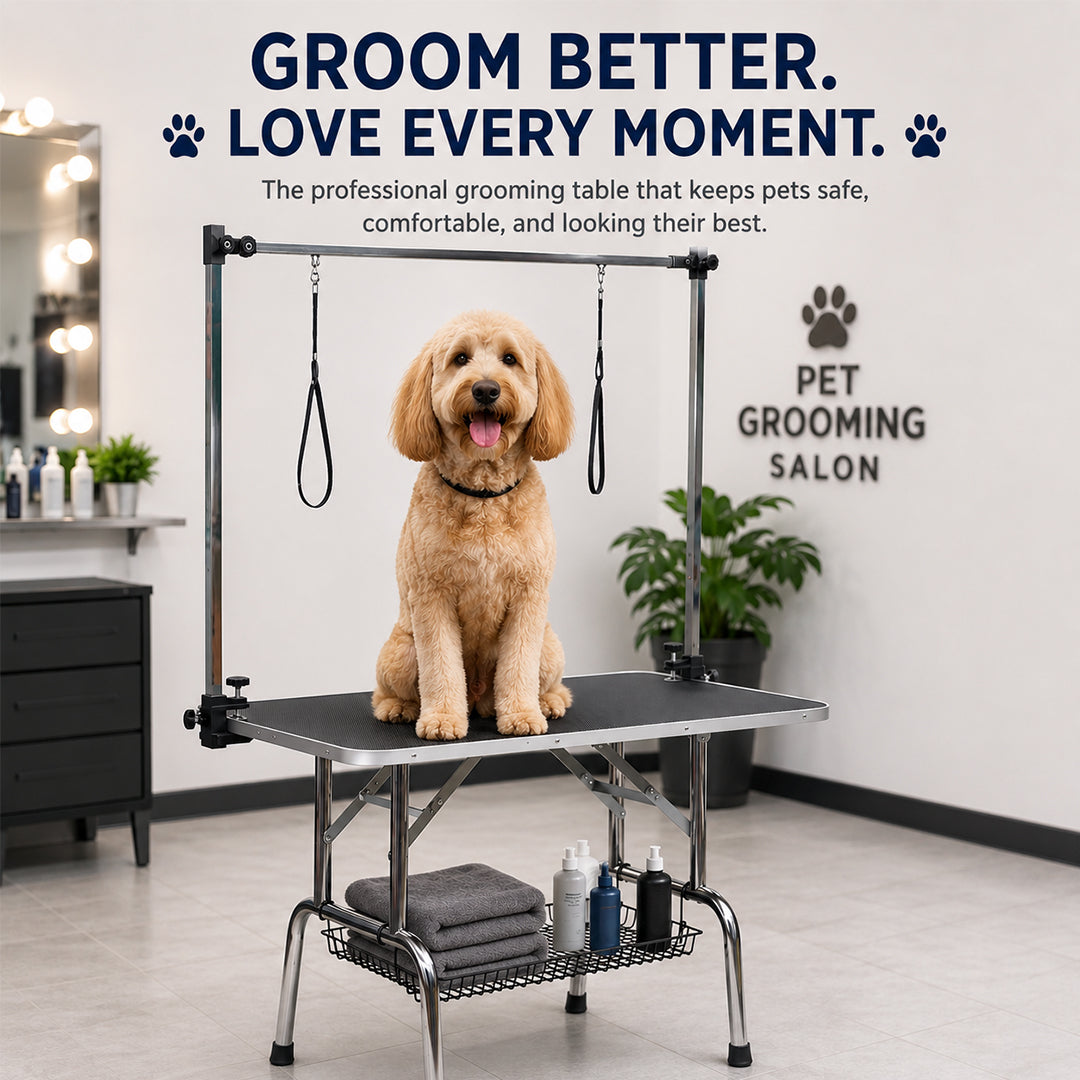 Foldable dog grooming table with Adjustable grooming Arms, Waterproof surface, Storage tray, and Non-slip feet, Heavy-duty grooming table for Large dogs, Easy to assemble