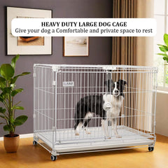 Dog cage crate kennel with Durable metal wire, Open-top design, Secure door lock, Removable tray, and Universal wheels, Heavy-duty dog cage for Large breeds, Ideal for indoor/outdoor 95 cm (White)