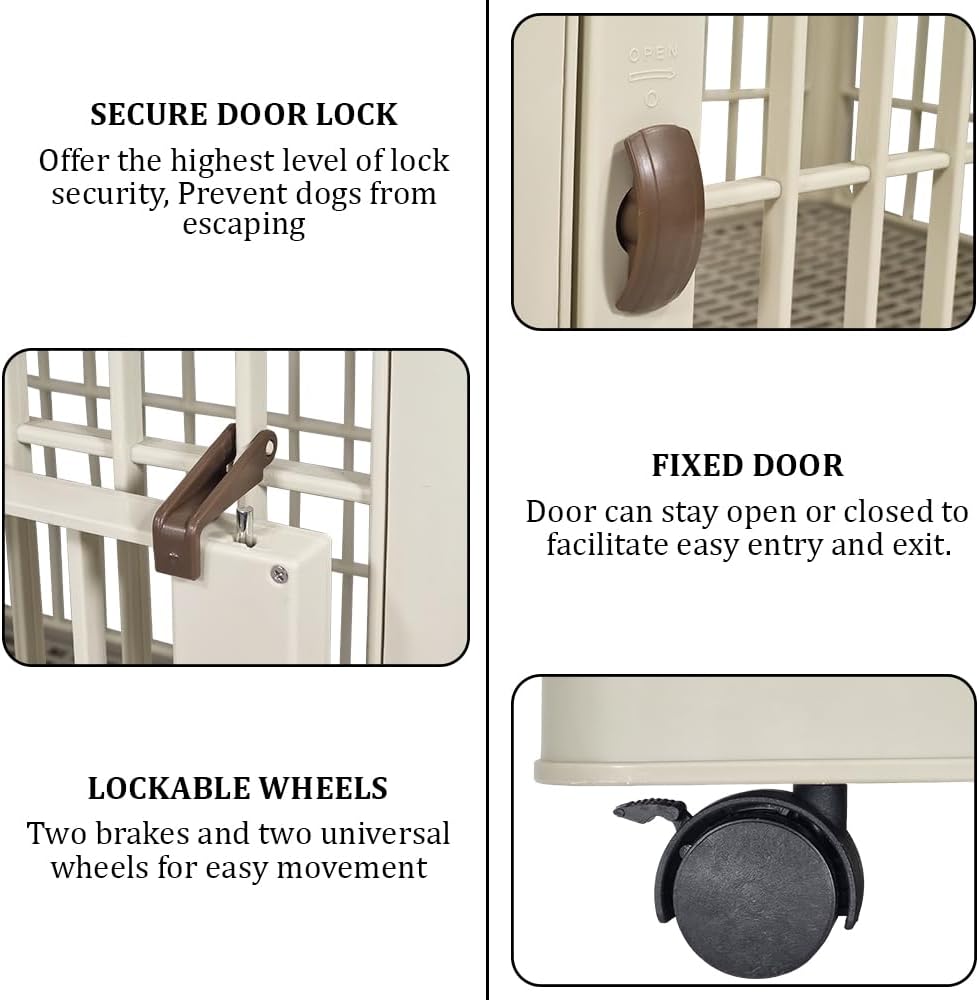 Dog Cage | Durable Plastic Dog Crate for Small & Medium Dogs with Open-top Design | Lockable Door & Universal Wheels, | Dog Kennel for Indoor & Outdoor Use | Easy Assembly (Khaki, Medium)