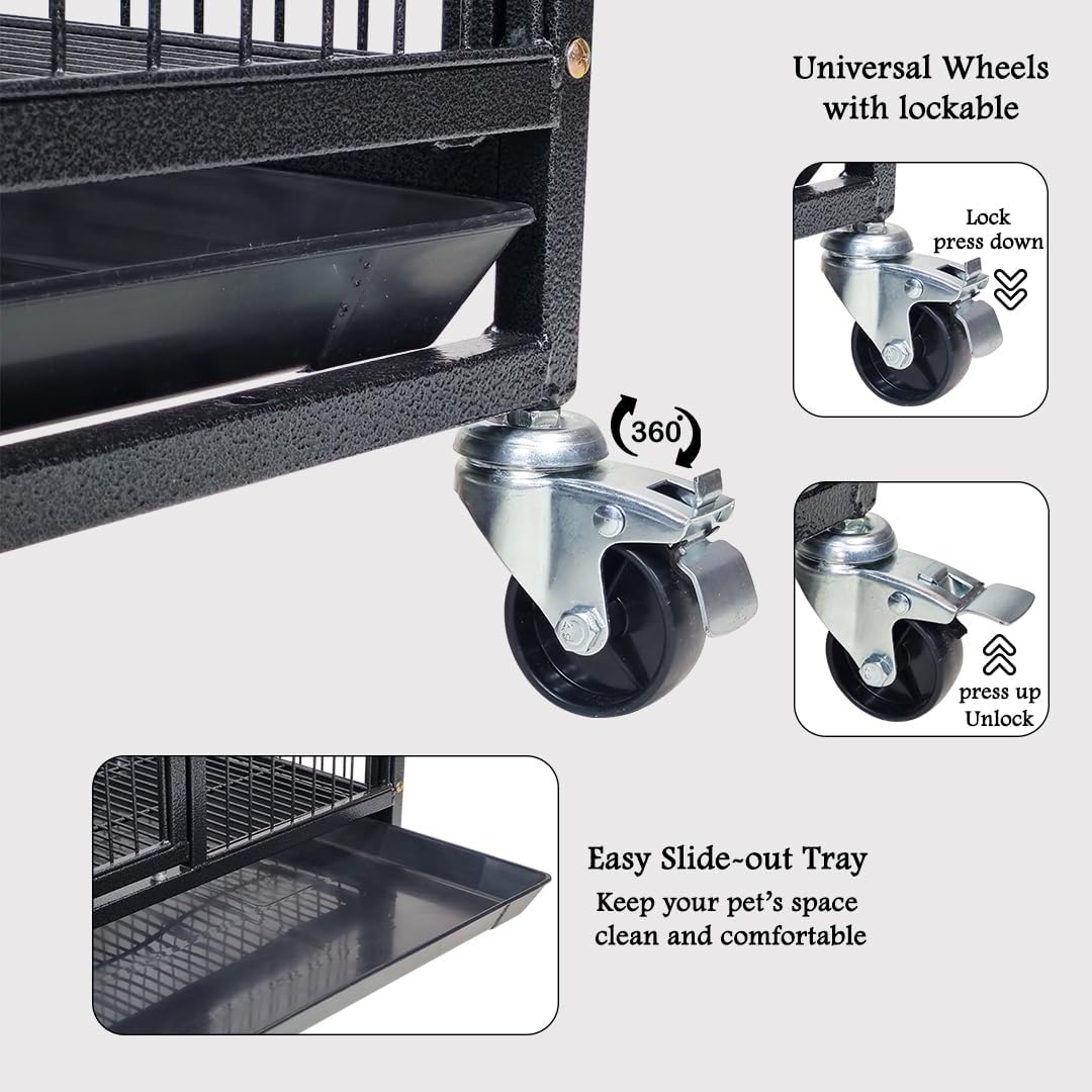 Dog Cage - Heavy-Duty Metal Dog Crate for Large, Medium & Small Dogs - Dog Kennel with Stackable Design with Open-Top Cover, Lockable Door, Tray & Universal Wheels, Indoor & Outdoor Use, 94cm (Black)