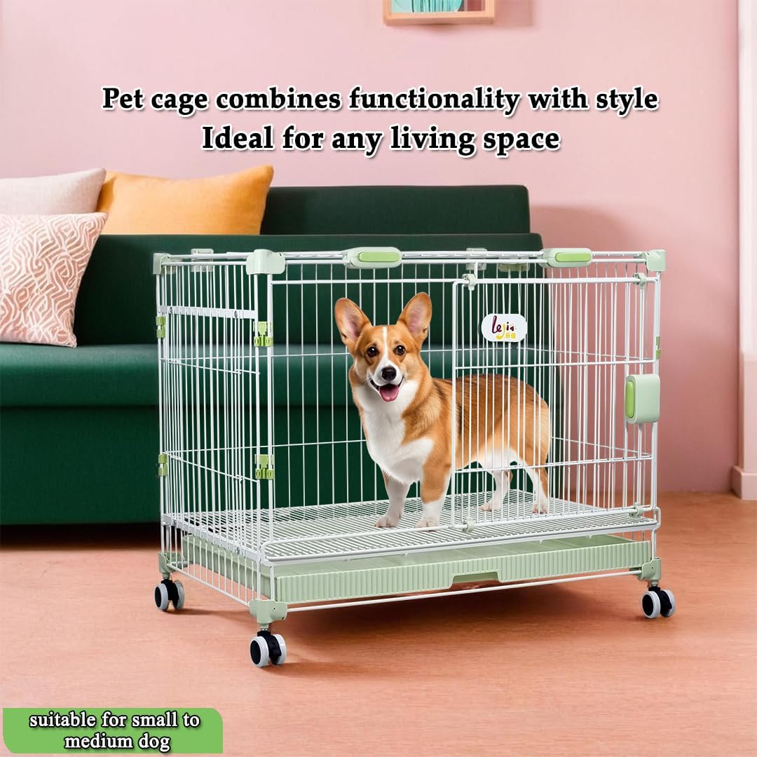 Dog Cage Indoor Large | Heavy-Duty Metal Dog Crate with Double Door Design | Portable Kennel with Pull-Out Tray, Secure Lock & Universal Wheels, Dog Playpen for Small & Medium Dogs, 81cm (Green)