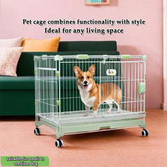 Dog Cage Indoor Large | Heavy-Duty Metal Dog Crate with Double Door Design | Portable Kennel with Pull-Out Tray, Secure Lock & Universal Wheels, Dog Playpen for Small & Medium Dogs, 81cm (Green)