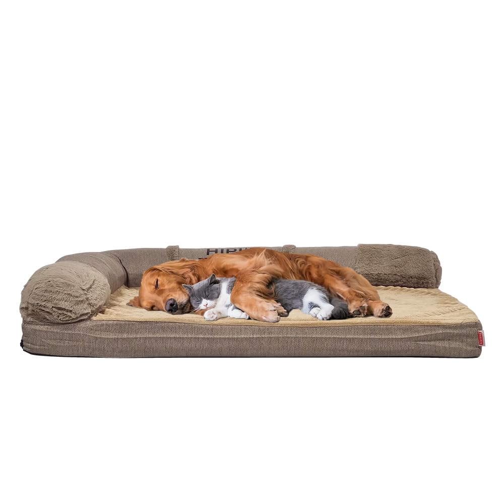 Memory foam dog bed for medium to large dogs, Orthopedic pet bed with Supportive bolster sides, Removable washable cover, and Non-skid bottom, Ideal for all seasons, 80 cm (Khaki)