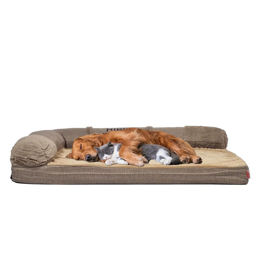Memory foam dog bed for medium to large dogs, Orthopedic pet bed with Supportive bolster sides, Removable washable cover, and Non-skid bottom, Ideal for all seasons, 80 cm (Khaki)