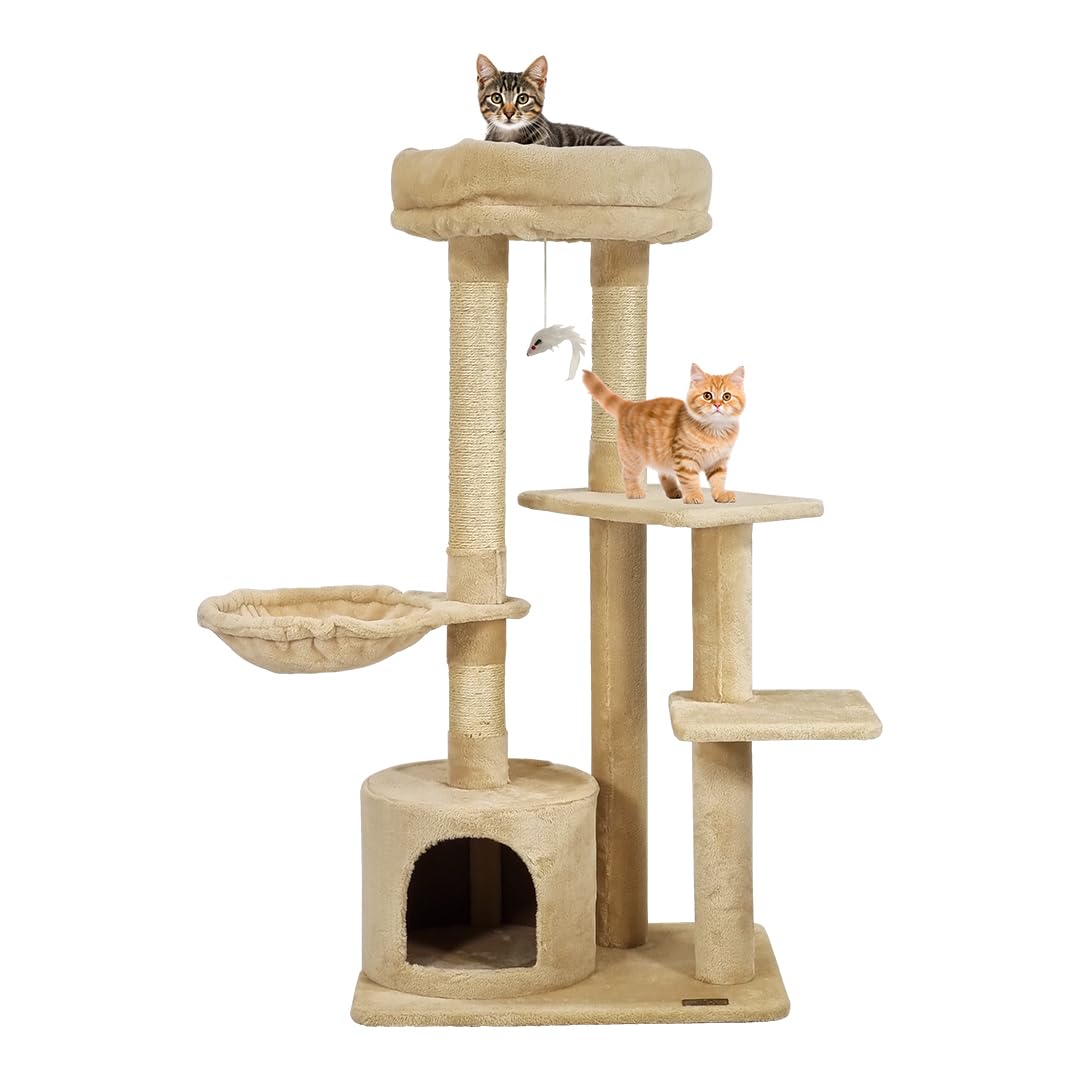 Cat Tree for Big Cats with Top Soft Plush | 108cm Cat Tower Activity Center | Dangling Mouse & Sisal Scratching Post | Hammock & Cozy Cat Condo | Easy to Assemble (Beige, 108 cm)
