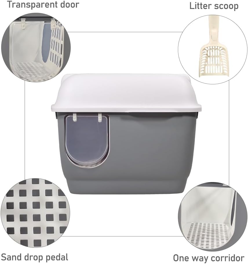 Fully-enclosed cat litter box with Corridor entry & exit, Transparent door, Litter scoop, and Open-top design, Splash-proof cat toilet for Indoor cats & kittens, Easy to clean 57 cm