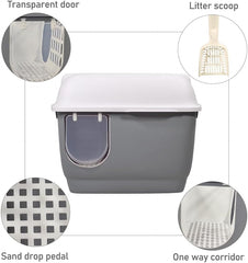 Fully-enclosed cat litter box with Corridor entry & exit, Transparent door, Litter scoop, and Open-top design, Splash-proof cat toilet for Indoor cats & kittens, Easy to clean 57 cm