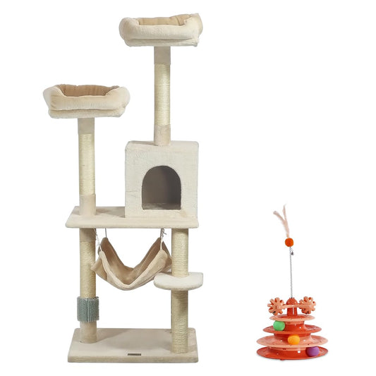 Multi-level cat tree tower for Indoor cats, Cat climbing frame with Cat turntable toy, Soft perches, Cozy cat condo, Scratching post, Spacious hammock, and self-grooming brush 145 cm (Beige)