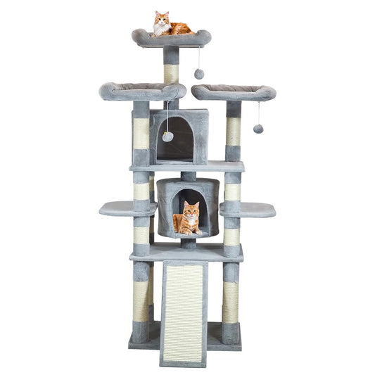 Multi-level cat tree tower for indoor cats Sturdy climbing structure with Padded perches, Dangling ball, Double cat condos, and Sisal scratching board, Easy to assemble, 163 cm (Grey)